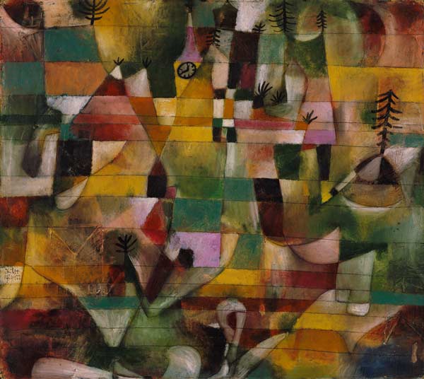 Landschaft mit gelbem Kirchturm. von Paul Klee