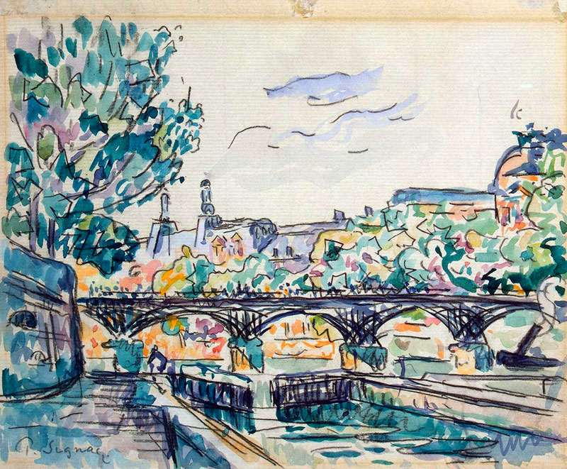 Bank of the Seine near the Pont des Arts, with a view of the Louvre (pen & ink with w/c and gouache  von Paul Signac