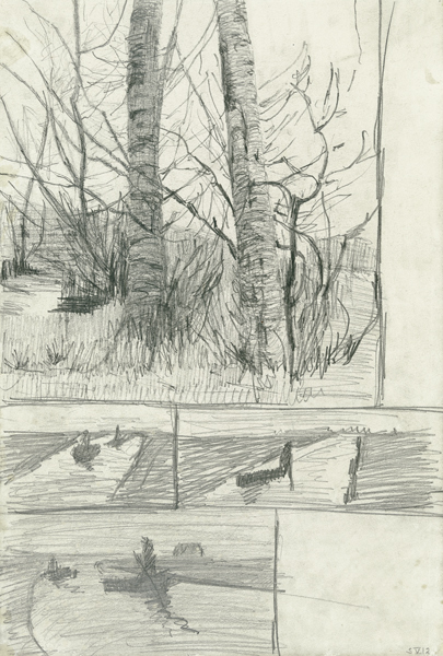 Birkenstämme, 3 x Moorkanal mit Kahn von Paula Modersohn-Becker