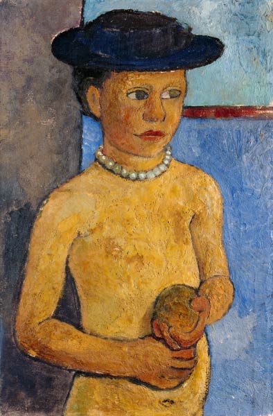 Halbakt eines Mädchens mit schwarzem Hut von Paula Modersohn-Becker