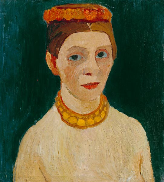 Selbstbildnis mit rotem Blütenkranz und Kette von Paula Modersohn-Becker