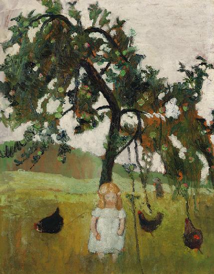 Elsbeth mit Hühnern unter Apfelbaum