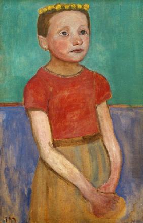 Halbfigur eines Mädchens mit gelbem Kranz im Haar