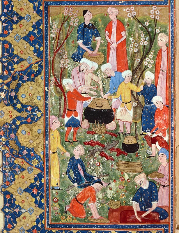 Preparing a meal, illustration from an epic poem Hafiz Shirazi, Safavid von Persian School