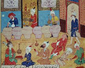 Fol.33v, Detail of a banquet with musicians, from a book of poems Hafiz Shirazi