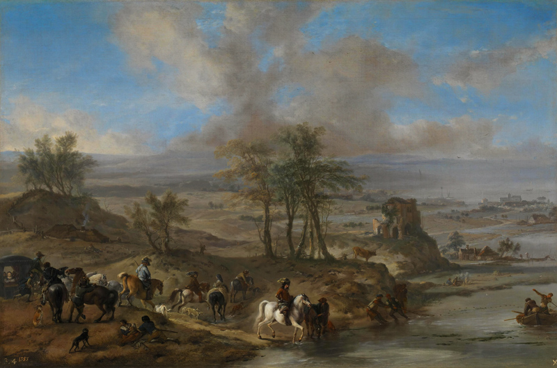 Departing for the hunt and fishing in the river von Philips Wouwermans or Wouwerman