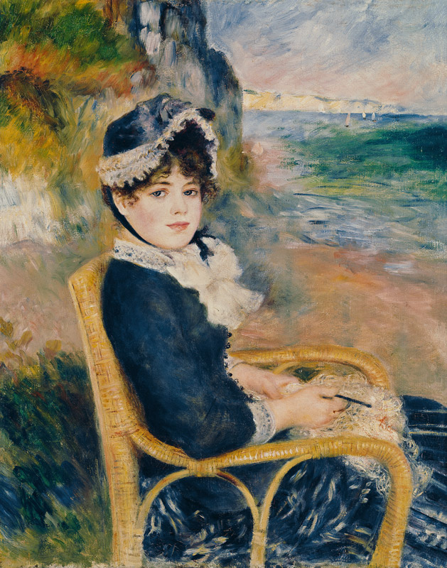 Häkelnde Frau am Ufer des Meeres. von Pierre-Auguste Renoir