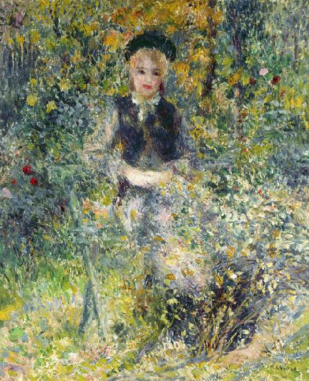 Junges Mädchen auf einer Gartenbank.