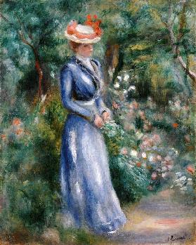 Woman In A  Blue Dress Standing In The Garden At Saint-Cloud