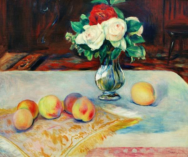 Still life with bunch of flowers and peaches