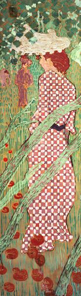 Frau mit kariertem Kleid, eine von vier Tafeln von Frauen im Garten