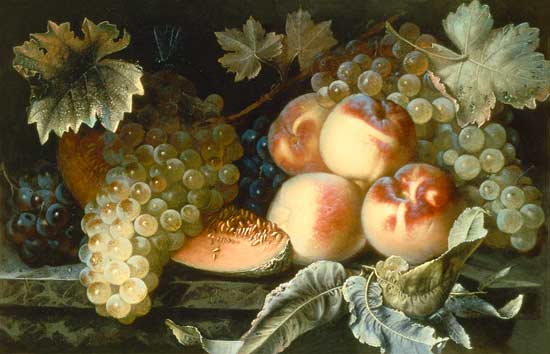 Stillleben mit Pfirsichen, Melone, und Trauben von Pierre Dupuis