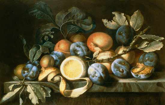 Still Life with Plums and a Peeled Lemon (one of a pair) von Pierre Dupuis