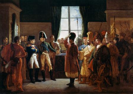 Alexander I. präsentiert Napoleon Kalmücken, Kosaken und Baschkiren der russischen Armee in Tilsit, 