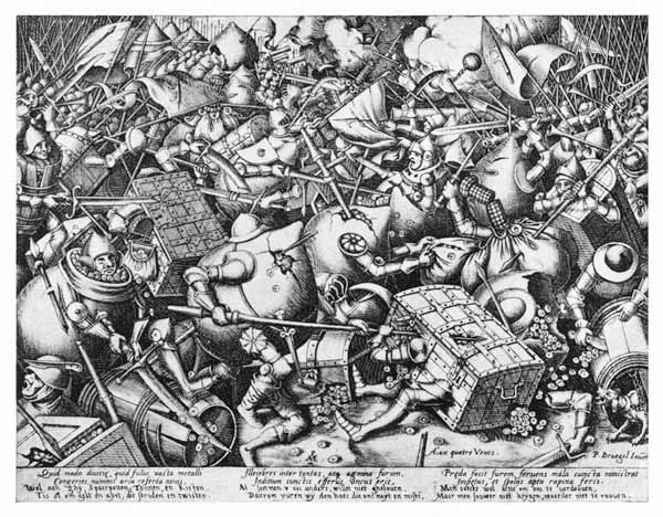 Kampf der Sparkassen gegen die Geldsäcke  (Repro nach Zeichnung von Pieter Bruegel d. Ä) von Pieter Bruegel d. Ä.