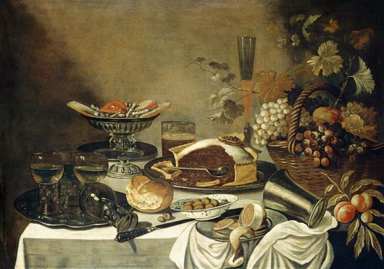 Stillleben mit Gemüsekorb und verschiedenen Süssigkeiten von Pieter Claesz