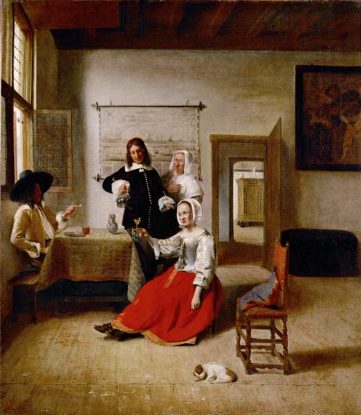 Woman drinking with soldiers von Pieter de Hooch