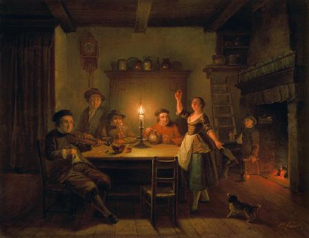 Wirtsstube bei Kerzenlicht.