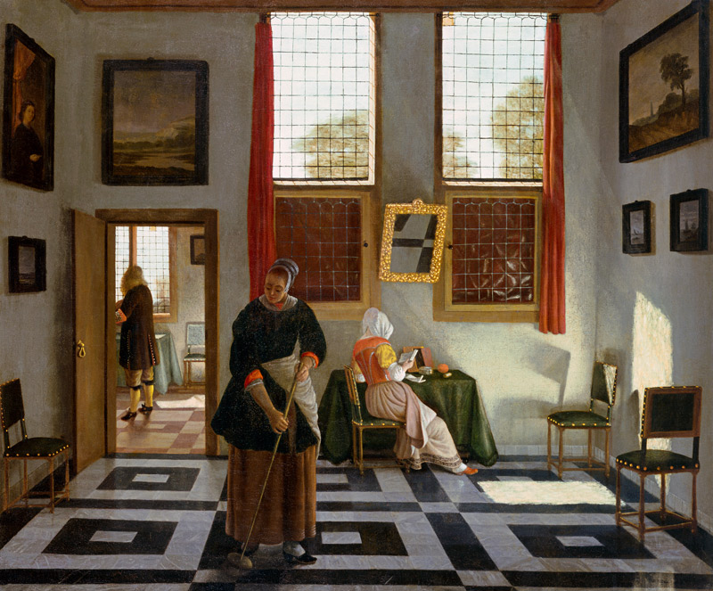 Interieur mit Maler, lesender Dame und kehrender Magd von Pieter Janssens