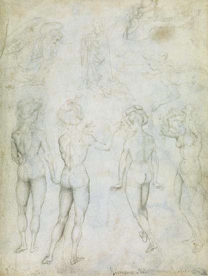 Vier Studien einer Weiblicher Akt zur Verkündigung und zwei Aktstudien einer schwimmenden Frau