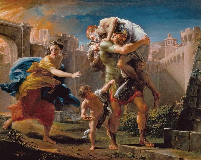 Aeneas and his family running away from the city of Troy von Pompeo Girolamo Batoni
