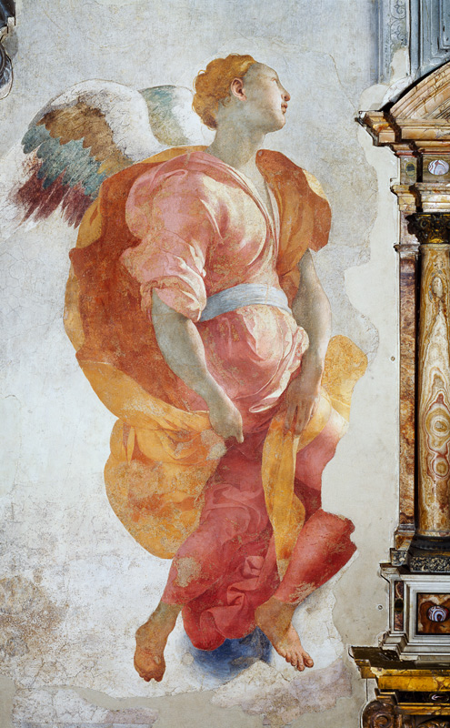 The Visitation, detail of an angel to the left of the altar von Jacopo Pontormo, Carucci da