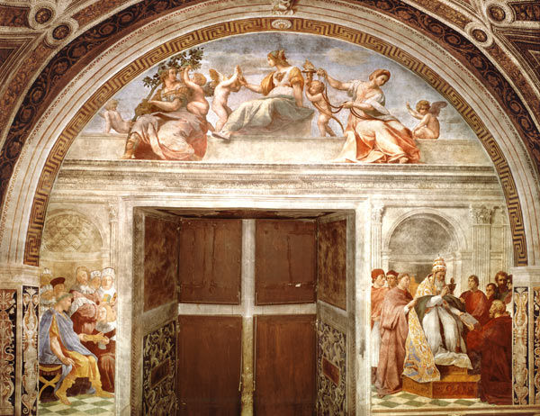 The Judicial Virtues: Pope Gregory IX approving the Vatical Decretals; Justinian handing the Pandect von Raffael - Raffaello Santi