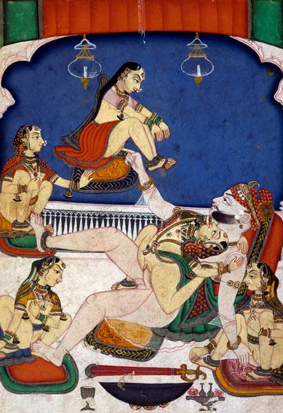 'Bull among the Cows' from 'the Kama Sutra'; a Prince enjoying five women, Kotah, Rajasthan von Rajput School