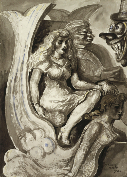 Riders in a Mermaid Tunnel Boat: A double-sided watercolour von Reginald Marsh