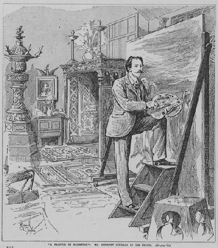 English Pre-Raphaelite painter Herbert Schmalz at work in his studio