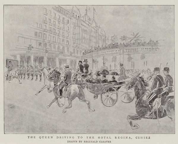 The Queen driving to the Hotel Regina, Cimiez von Reginald Thomas Cleaver