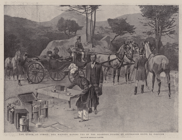 The Queen at Cimiez, Her Majesty having Tea by the Roadside during an Afternoon Drive to Falicon von Reginald Thomas Cleaver