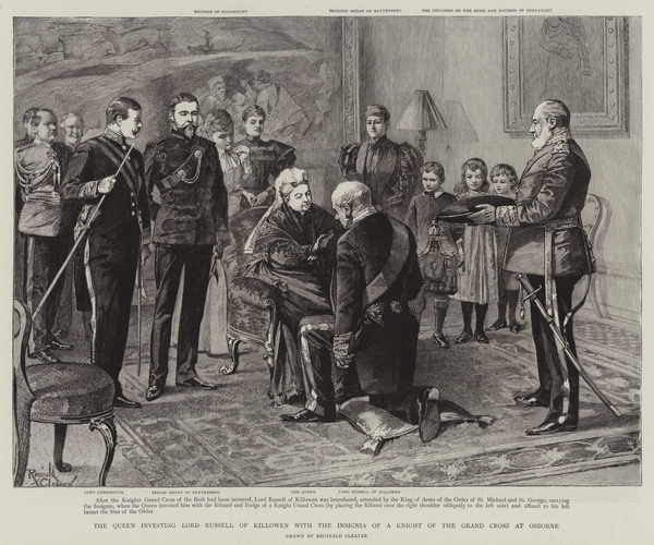 The Queen investing Lord Russell of Killowen with the Insignia of a Knight of the Grand Cross at Osb von Reginald Thomas Cleaver