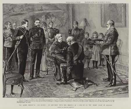 The Queen investing Lord Russell of Killowen with the Insignia of a Knight of the Grand Cross at Osb