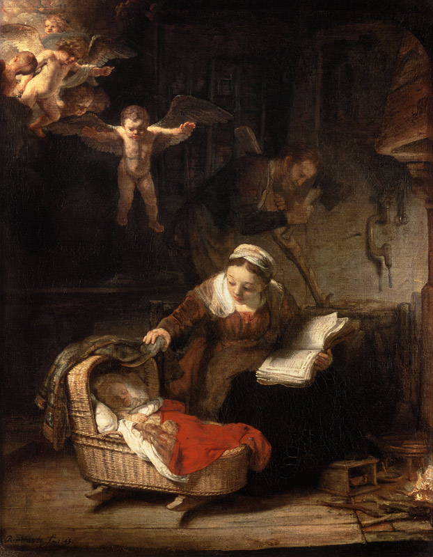 Die heilige Familie mit den Engeln - Ausschnitt von Rembrandt van Rijn