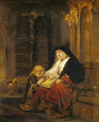 Die Prophetin Hannah im Tempel, Samuels Gebet abhörend. von Rembrandt (Werkstatt)