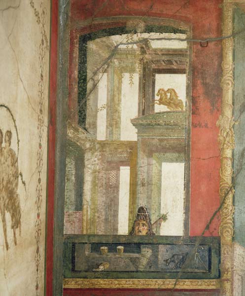 Fantastical architecture with two horses and a theatrical mask, from the Case dei Vettii (House of t von Roman