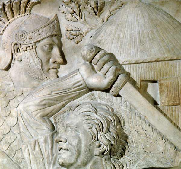 Relief depicting a Barbarian fighting a Roman legionary von Roman