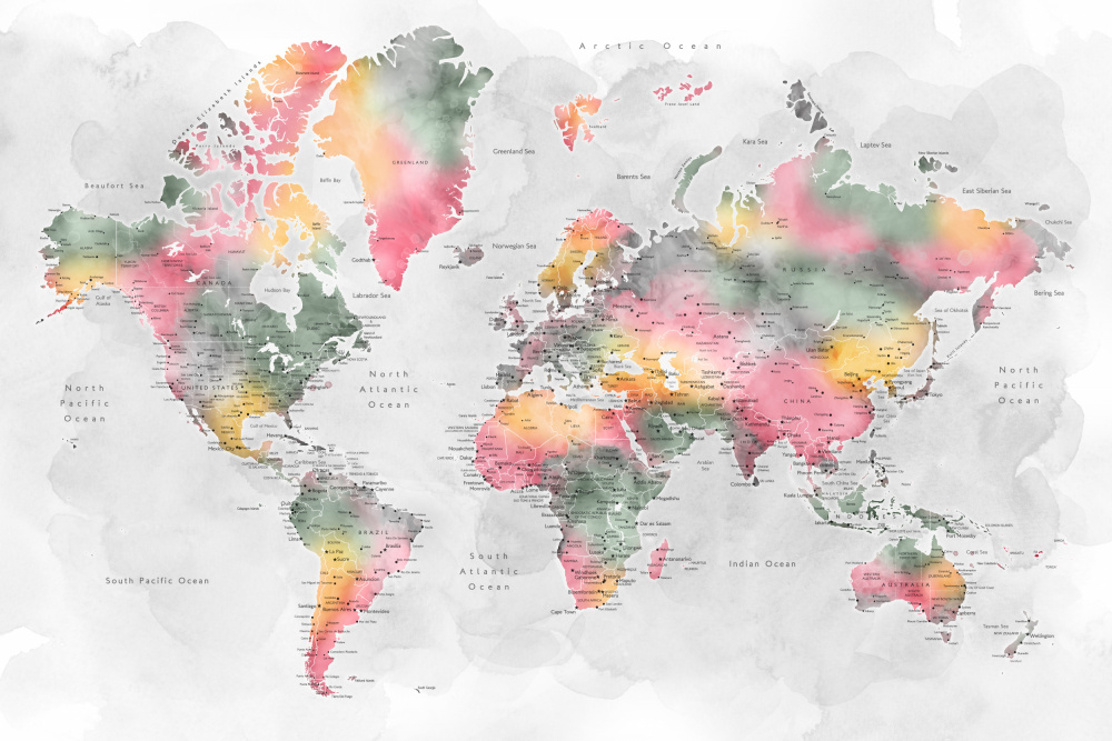 Watercolor world map with cities, Zadie von Rosana Laiz Blursbyai