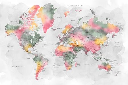 Watercolor world map with cities, Zadie