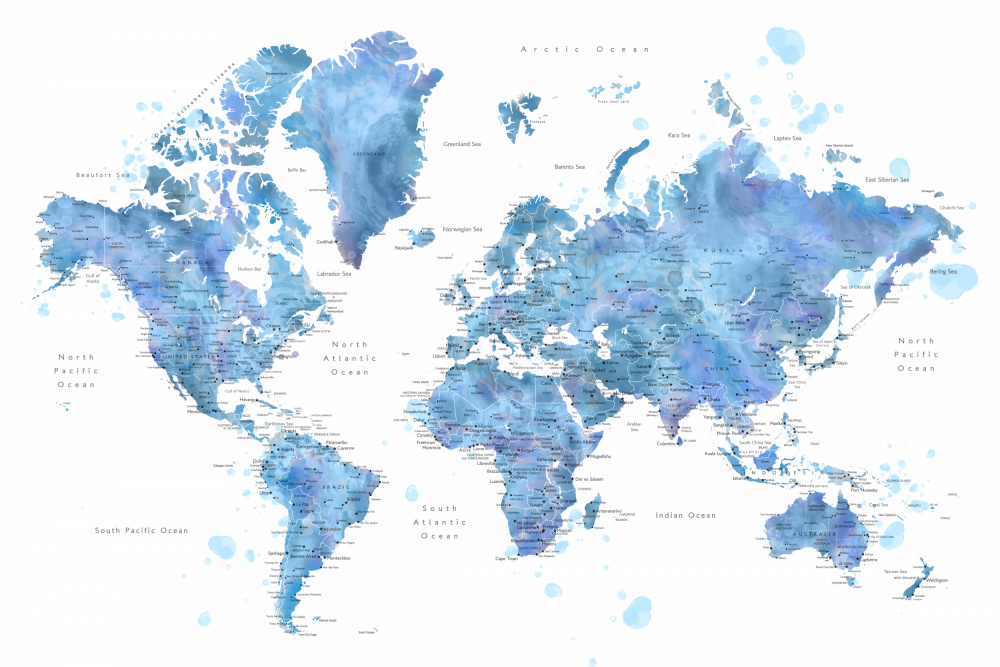 Blue watercolor world map with cities, Simeon von Rosana Laiz Blursbyai