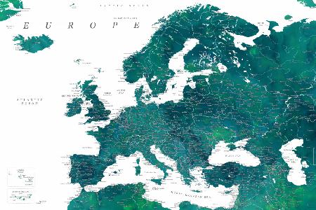 Teal detailed map of Europe