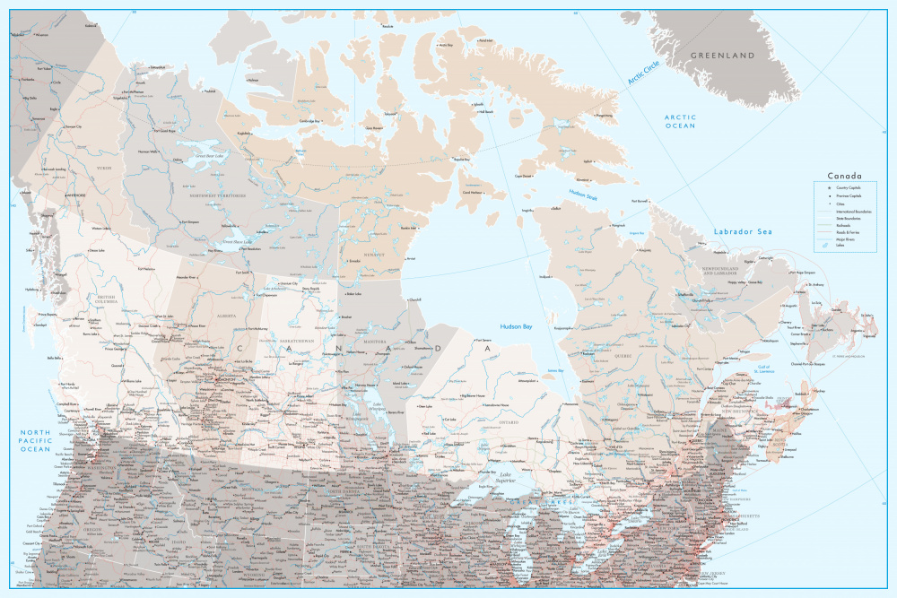 Detailed map of Canada, Lincoln von Rosana Laiz Blursbyai