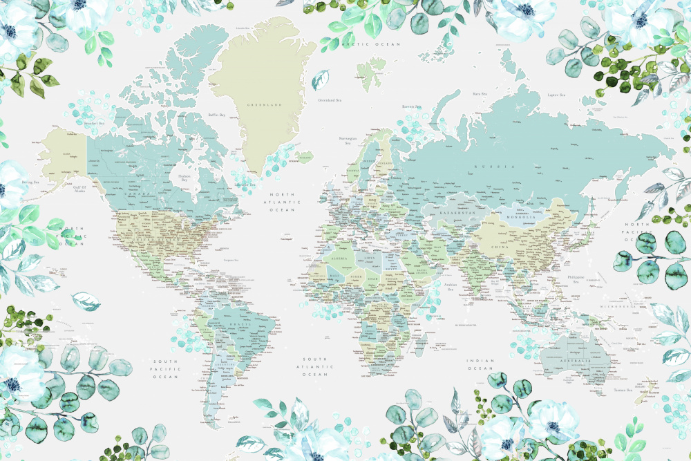 Detailed world map with cities and florals, Marie von Rosana Laiz Blursbyai