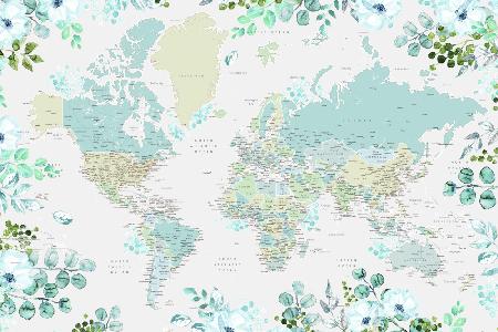 Detailed world map with cities and florals, Marie