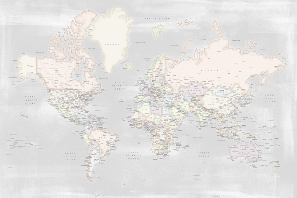 Detailed world map with cities, Maeli pastels von Rosana Laiz Blursbyai