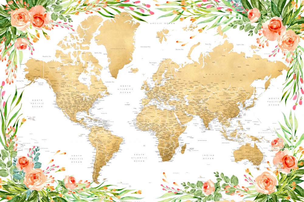 Floral bohemian world map with cities, Blythe von Rosana Laiz Blursbyai