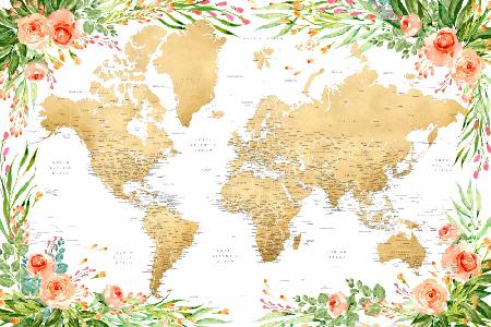 Floral bohemian world map with cities, Blythe