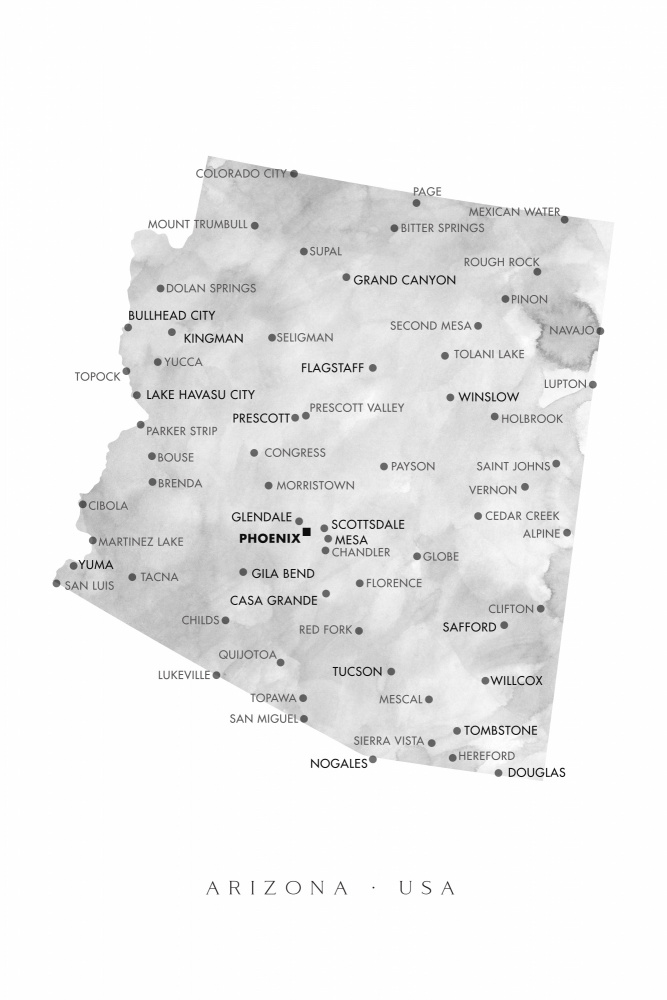 Grayscale watercolor map of Arizona, USA von Rosana Laiz Blursbyai
