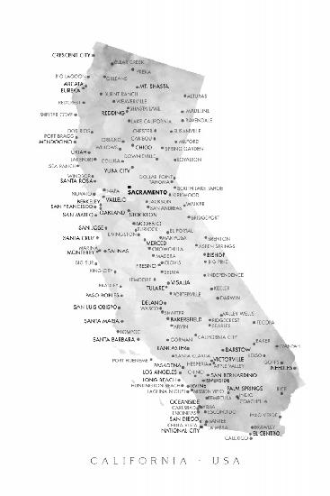 Grayscale watercolor map of California with cities